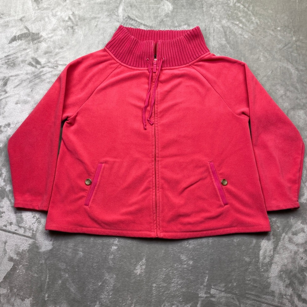 Lands End Pink Fleece Zip Up Jacket Mock Neck Ribbed Collar Size 16W 18W Boho